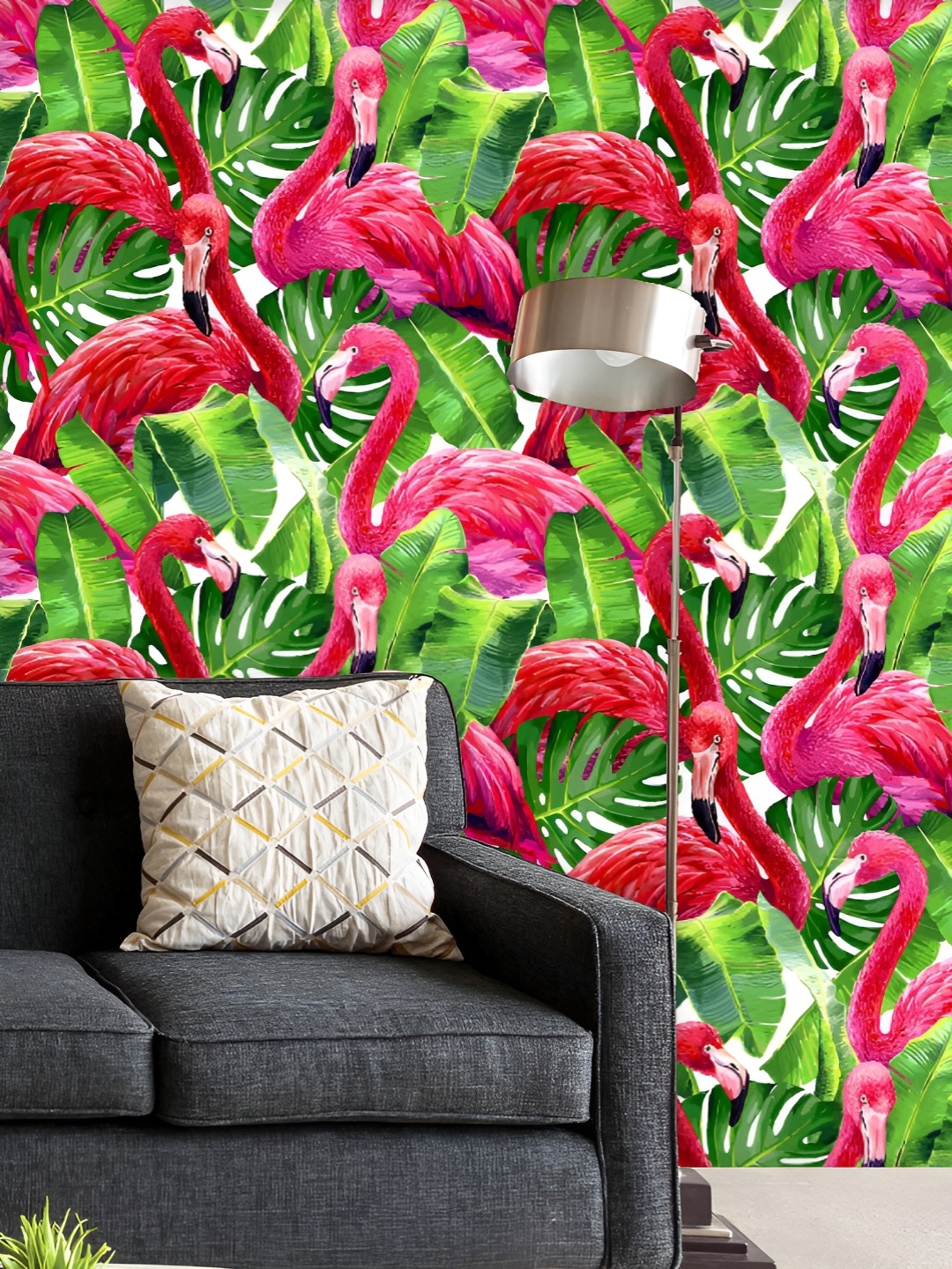 

ArtzFolio Printed UV-Resistant Anti-Bacterial Tropical Pink Flamingo Monstera Leafs Pattern Peel & Stick Wallpaper, Multi