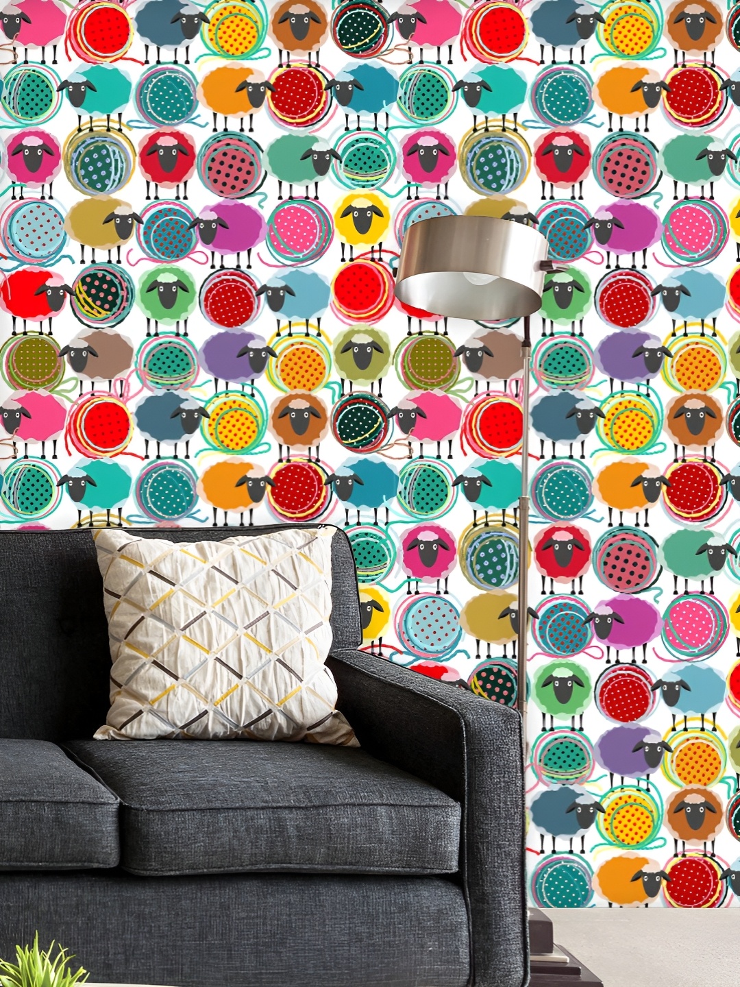 

ArtzFolio Printed UV-Resistant Anti-Bacterial Colorful Sheep And Yarn Balls Peel & Stick Wallpaper, Multi