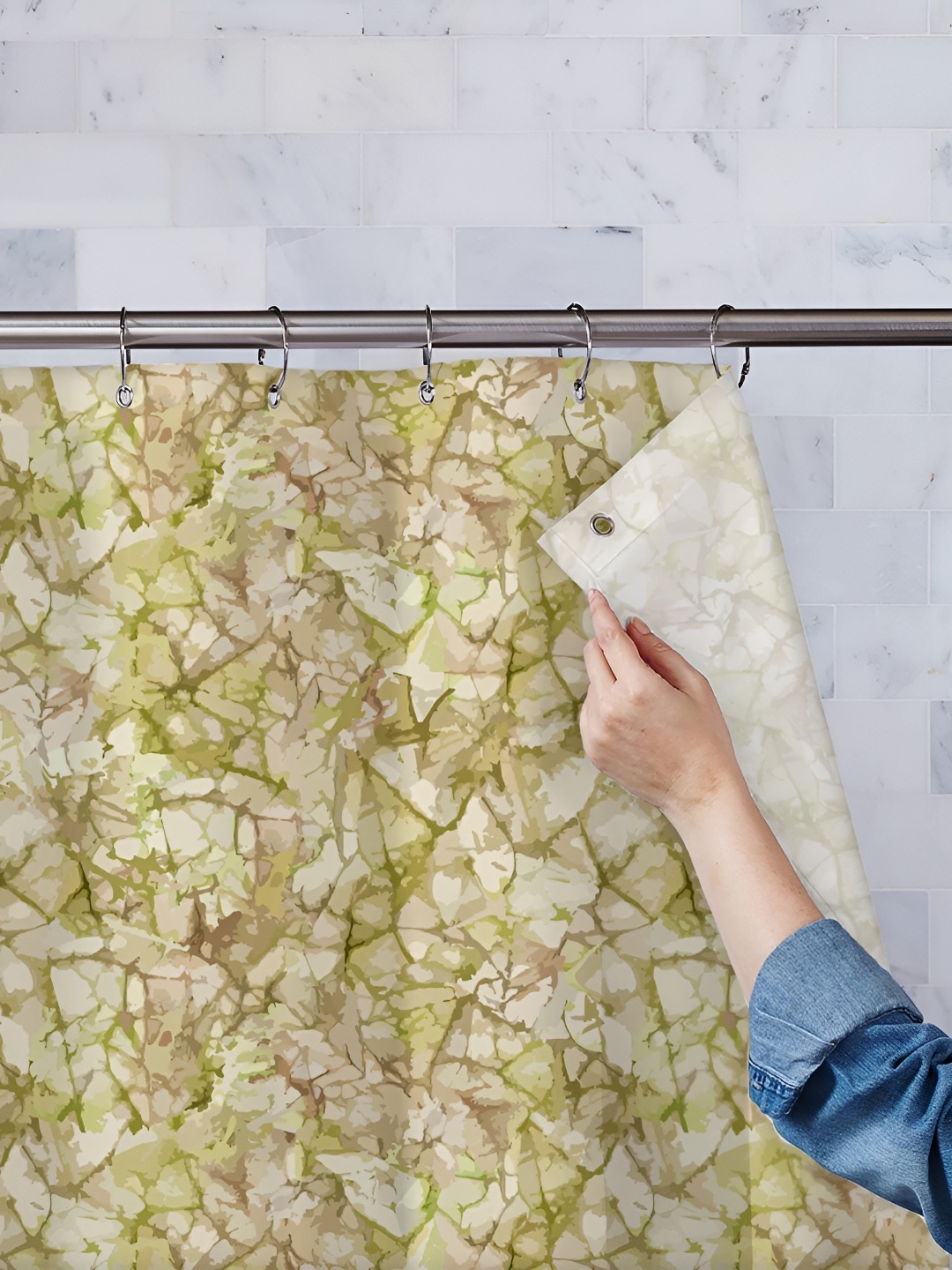 

ArtzFolio Beige & Green Printed Waterproof Shower Curtain