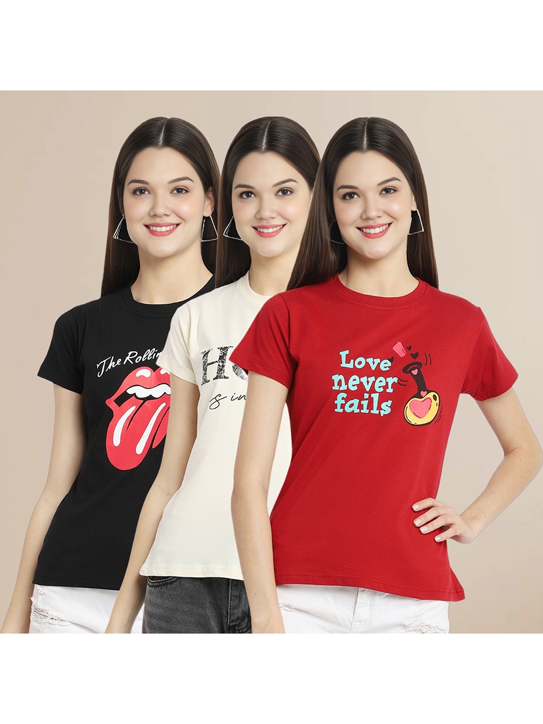 

Metronaut Women Pack Of 3 Typography Printed Round Neck Cotton T-shirts, Black