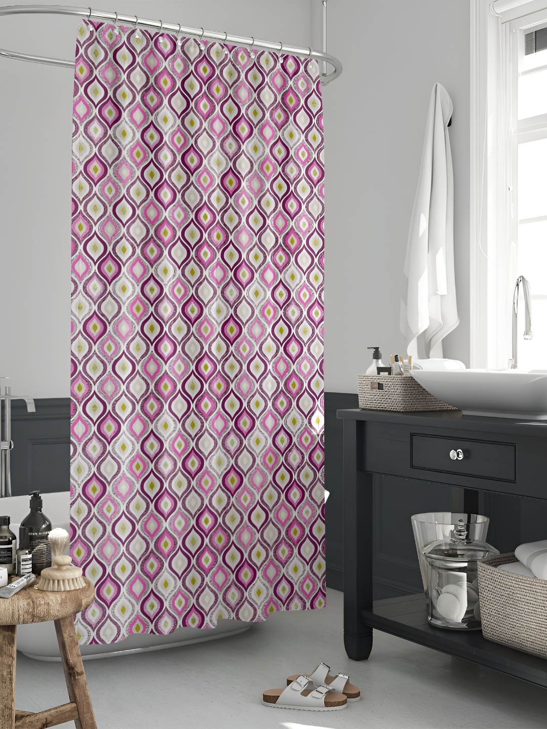 

ArtzFolio Purple, White and Olive Green Printed Waterproof Shower Curtain