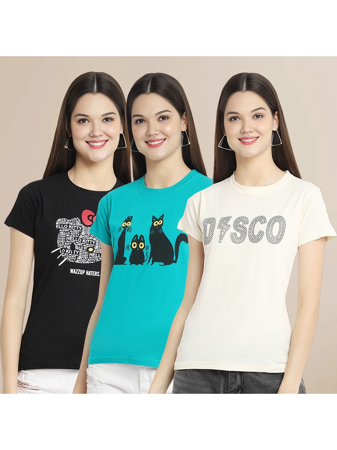 

Metronaut Women Pack Of 3 Typography Printed Round Neck Cotton T-shirts, Black
