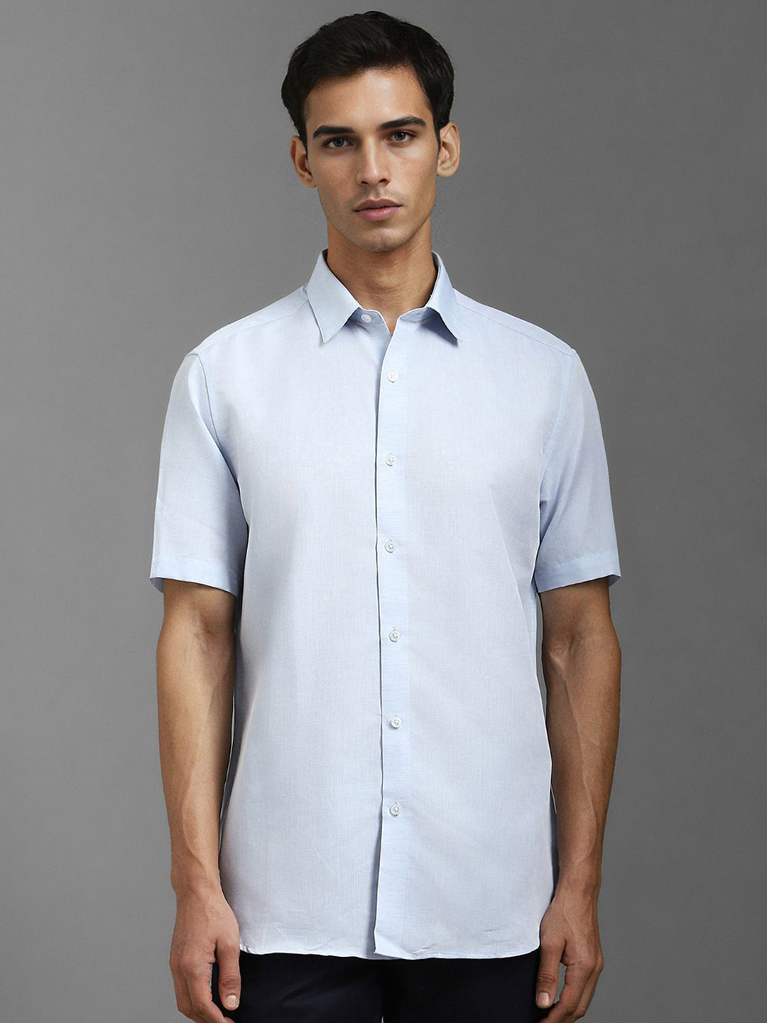 

Louis Philippe Men Classic Spread Collar Solid Linen Formal Shirt, Blue