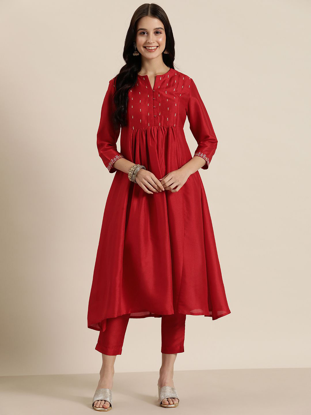 

HERE&NOW Embroidered Panelled Kurta with Trouser, Red