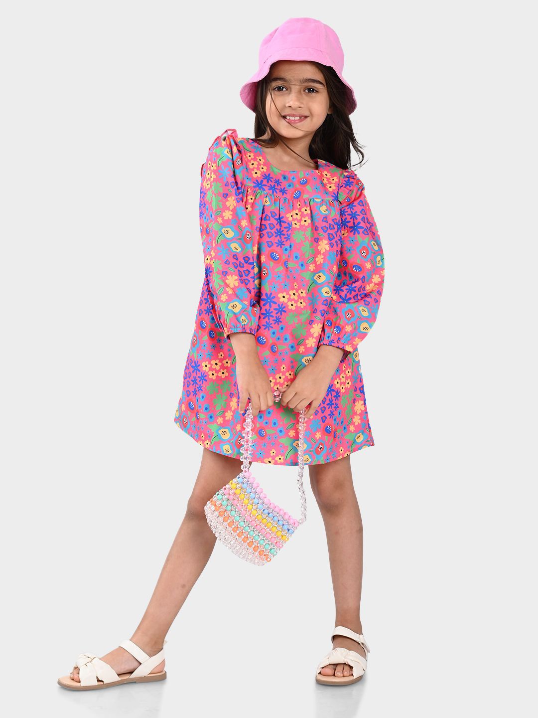 

BONKIDS Girls Floral Printed A-Line Dress, Pink
