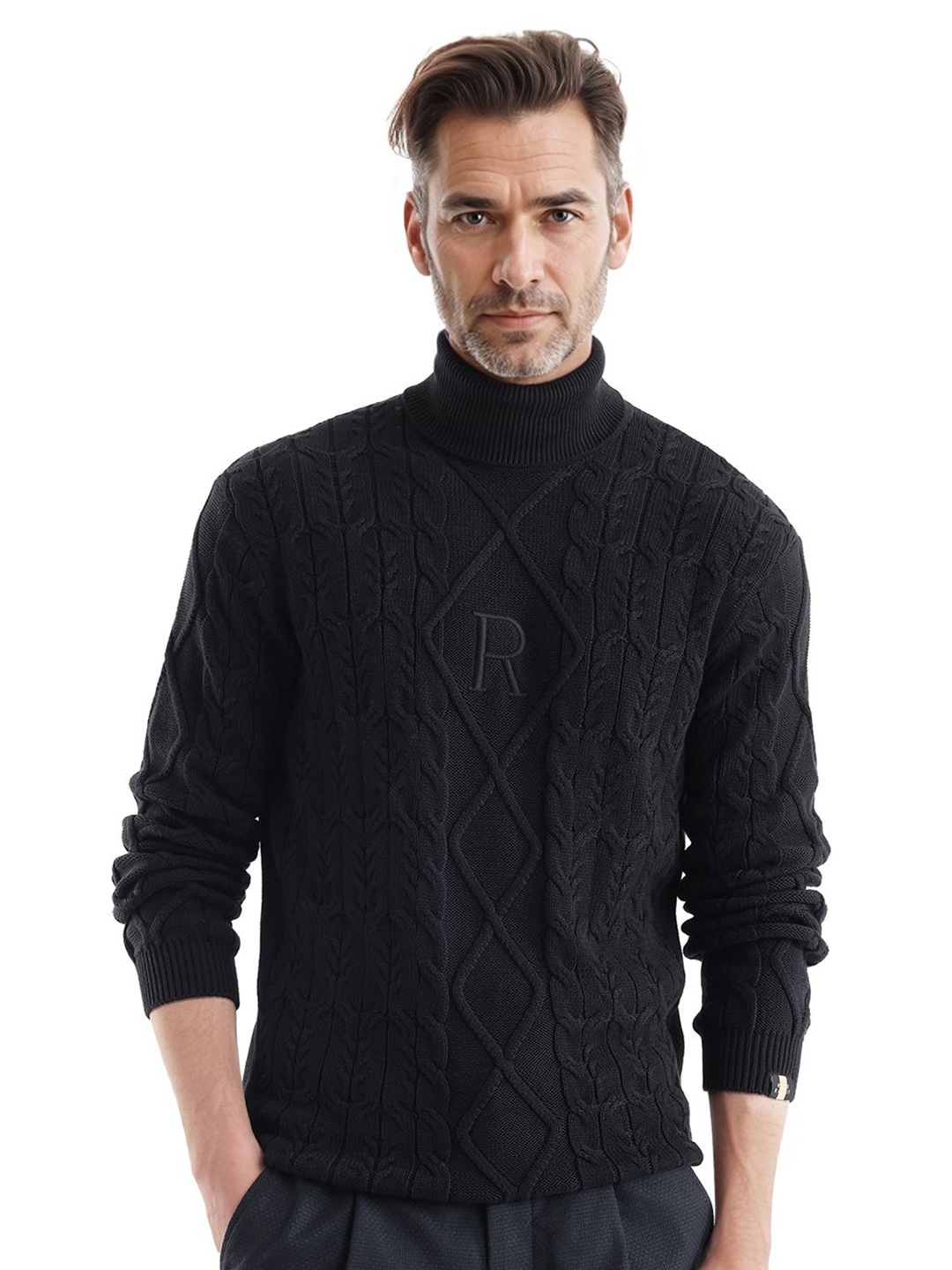 

RARE RABBIT Men Cotton Cable Knit Pullover, Black