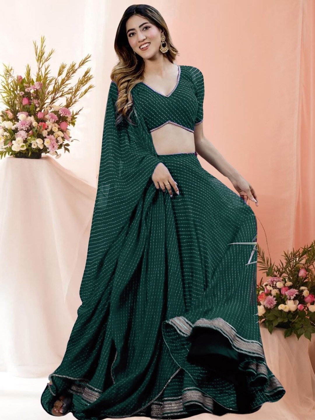 

KAZIA Embroidered Georgette Semi-Stitched Lehenga & Unstitched Blouse With Dupatta, Green