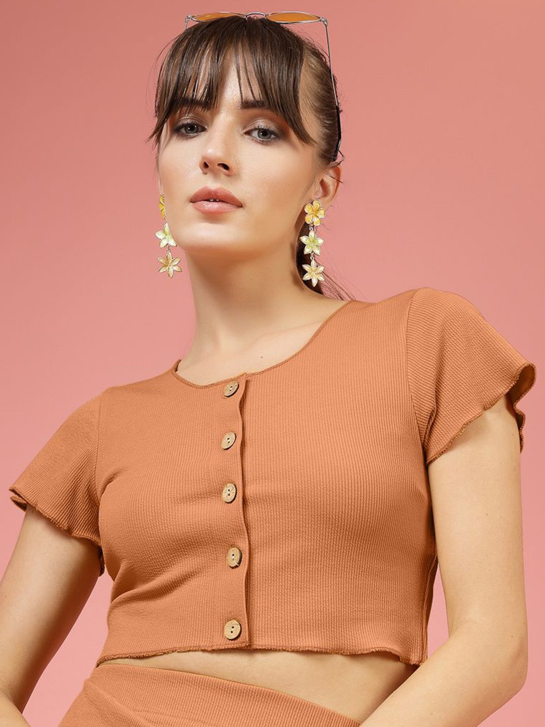 

Oomph! Women Round Neck Short Sleeves Crop Top, Orange