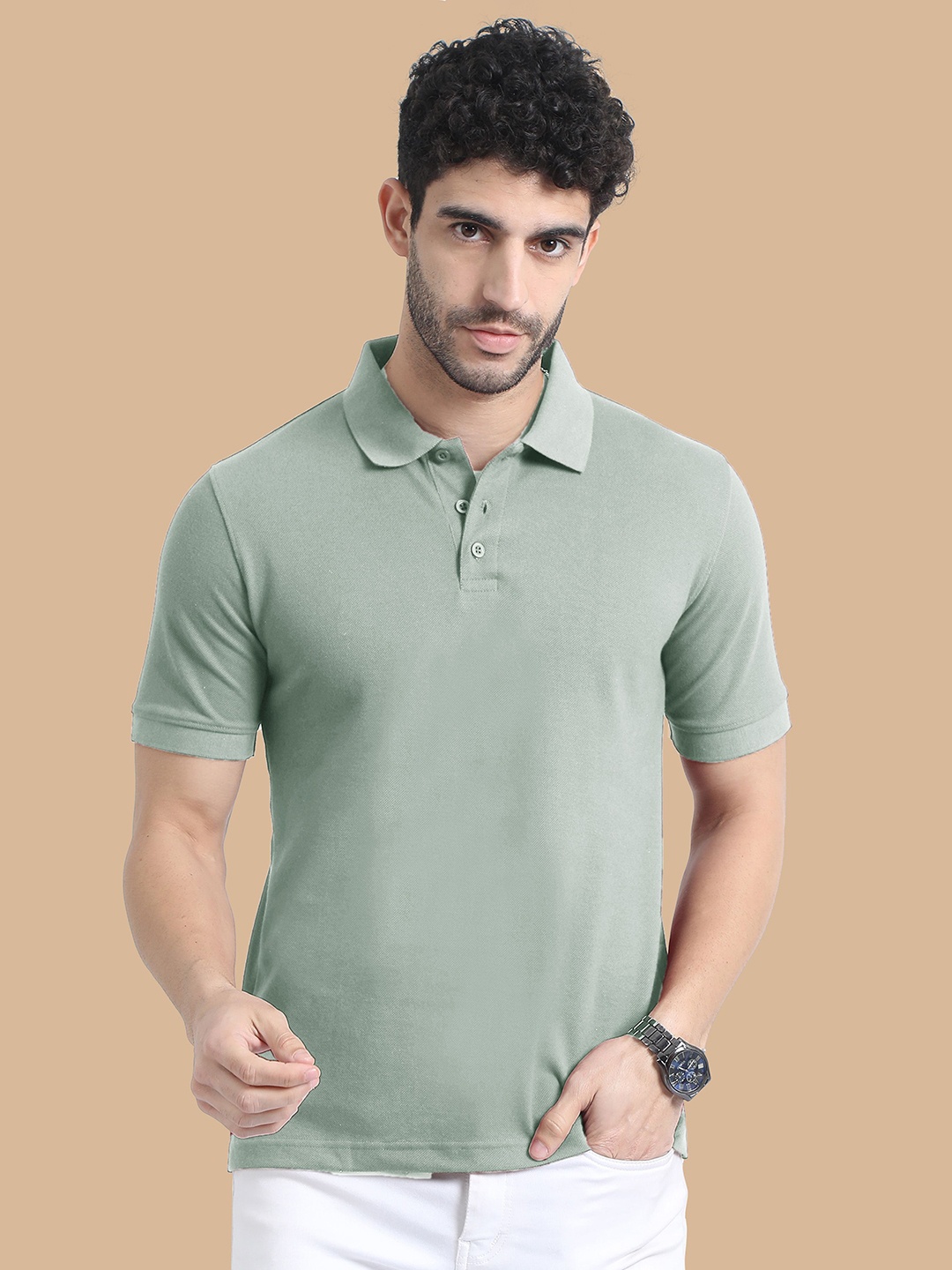 

MIRAAN Men Polo Collar Applique T-shirt, Grey