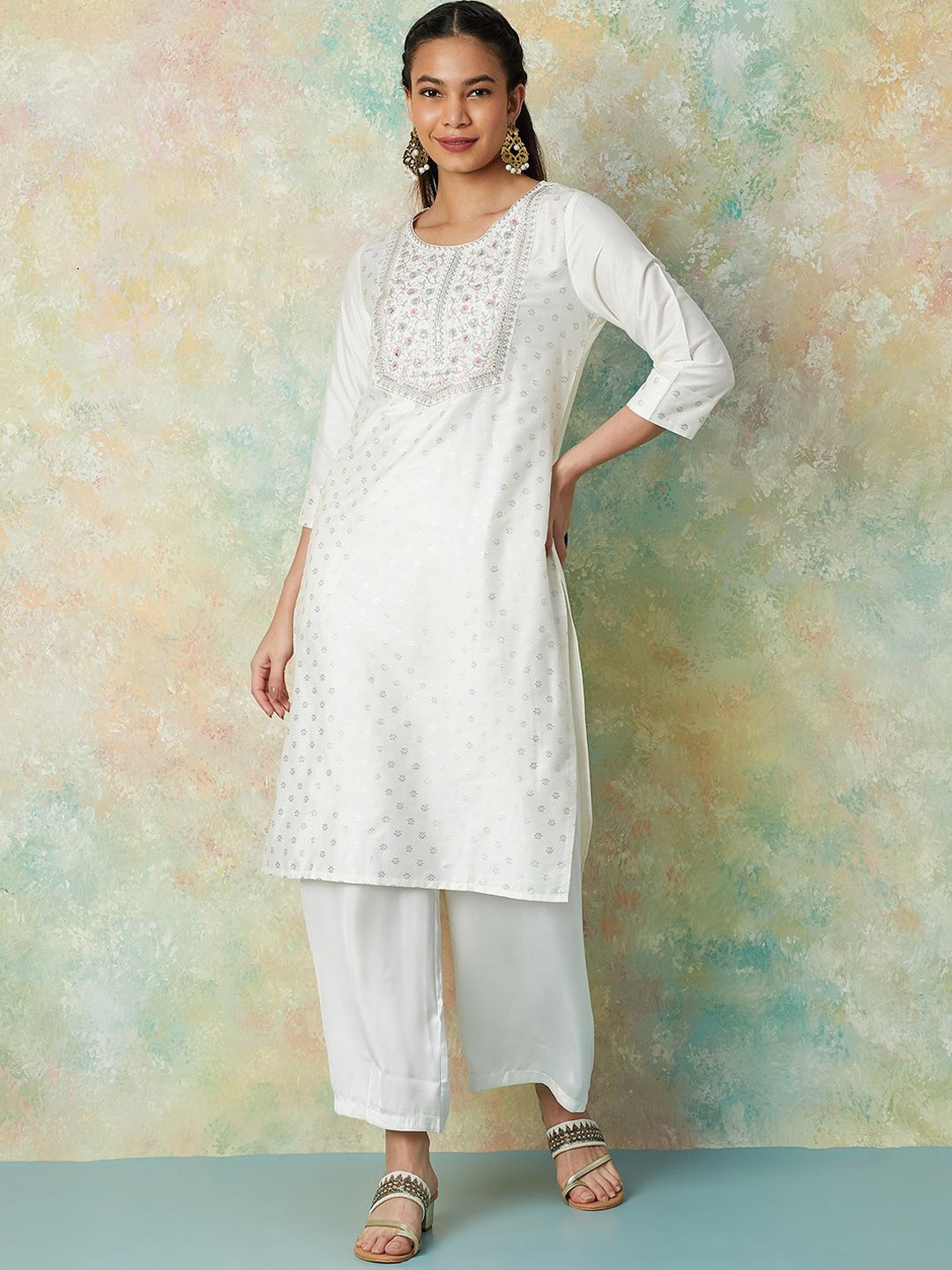 

Melange by Lifestyle Floral Printed Round Neck Thread Work Straight Kurta, Off white