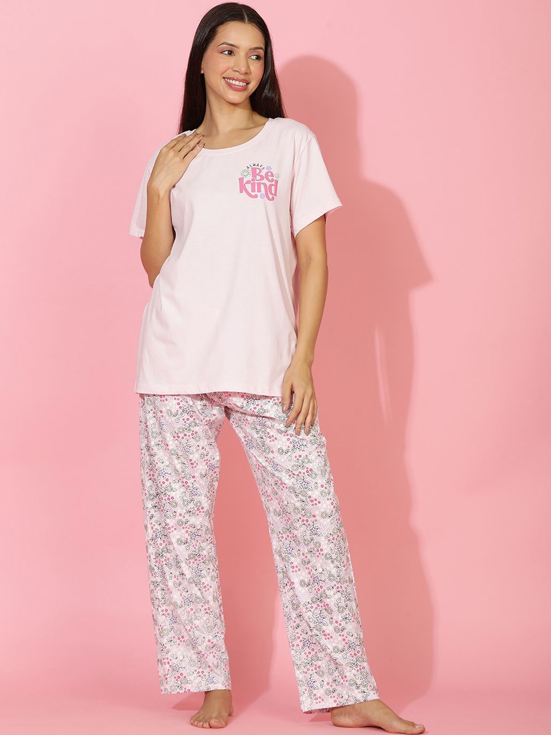 

HOMEGROWN Women Pure Cotton Printed Night suit, Pink