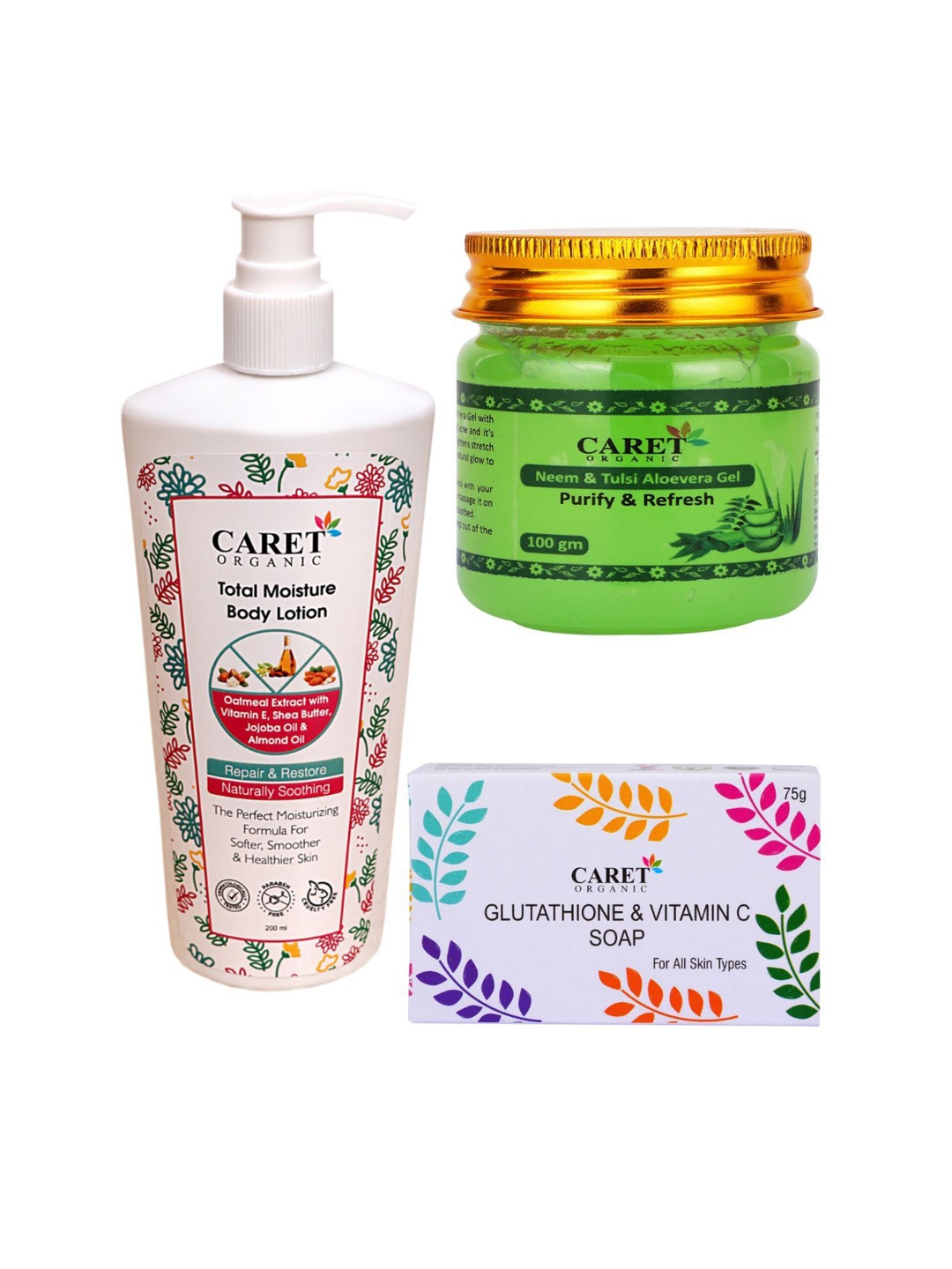 

CARET ORGANIC Set Of 3 Total Moisture Body Lotion With Vitamin C Soap & Neem Aloevera Gel, White