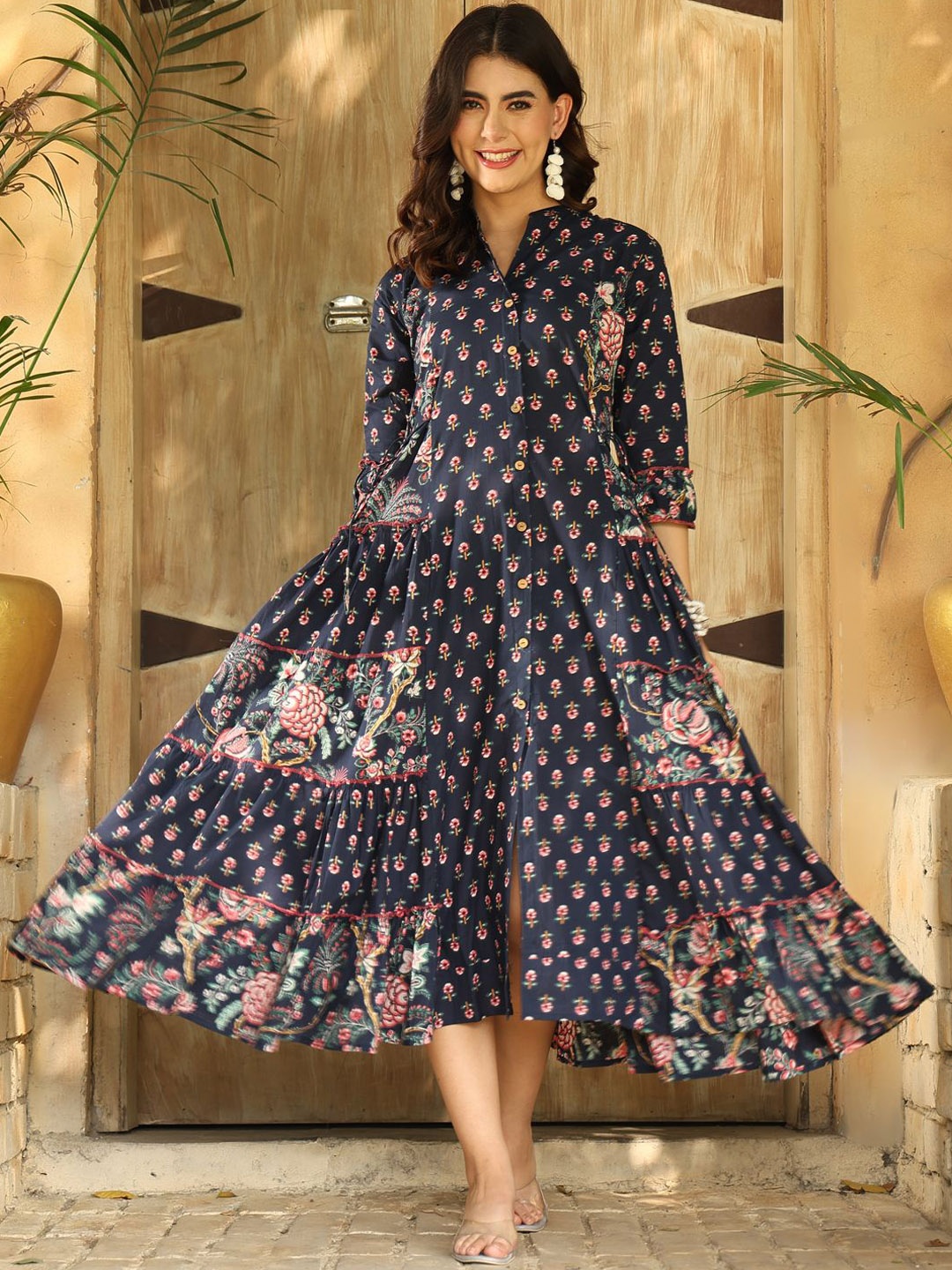 

NISHABD Floral Printed Regular Cotton Anarkali Kurta, Navy blue