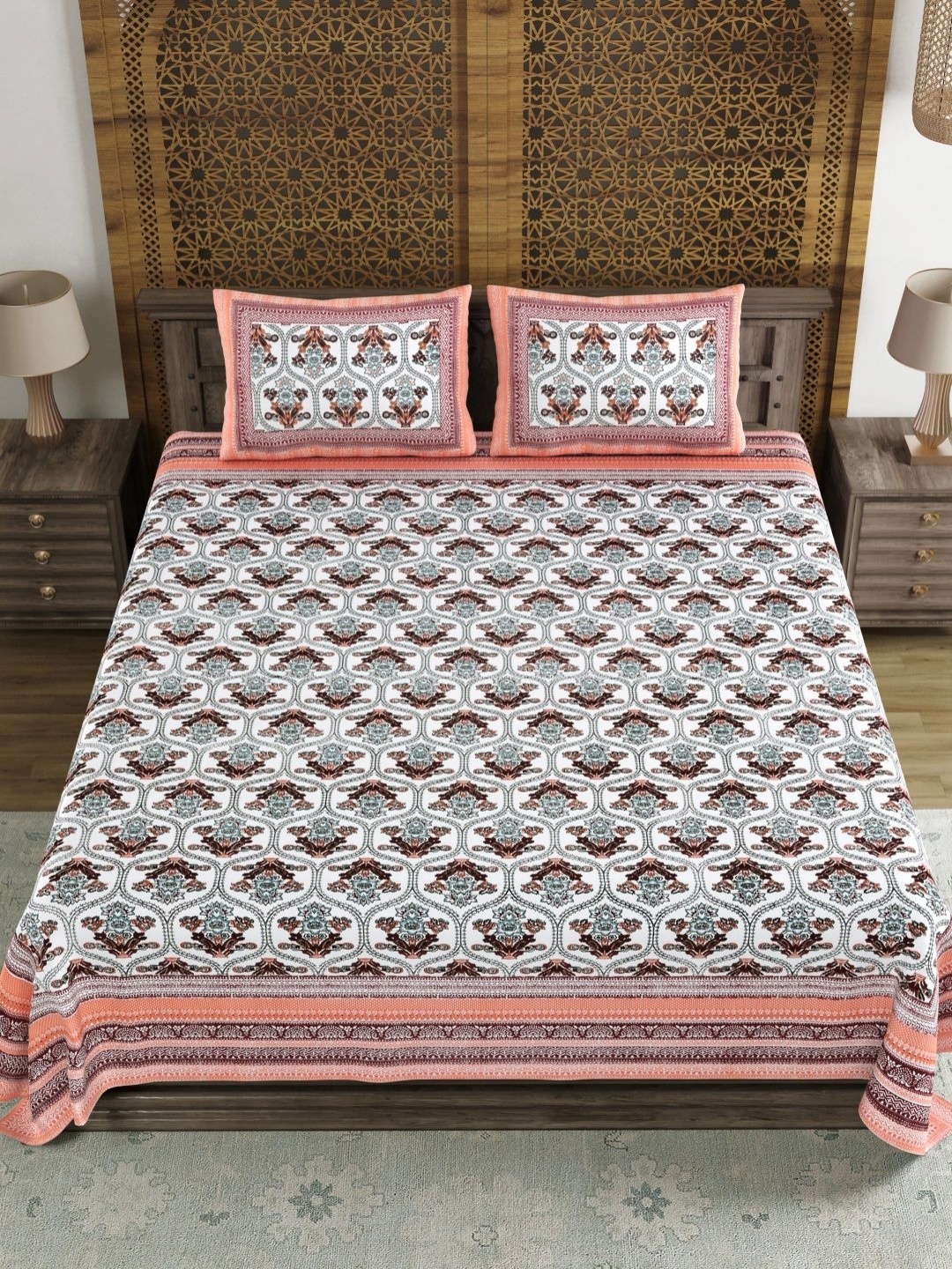 

BLOCKS OF INDIA Peach-Coloured Ethnic Motifs 120 TC King Bedsheet Set 2.18 m x 2.64 m