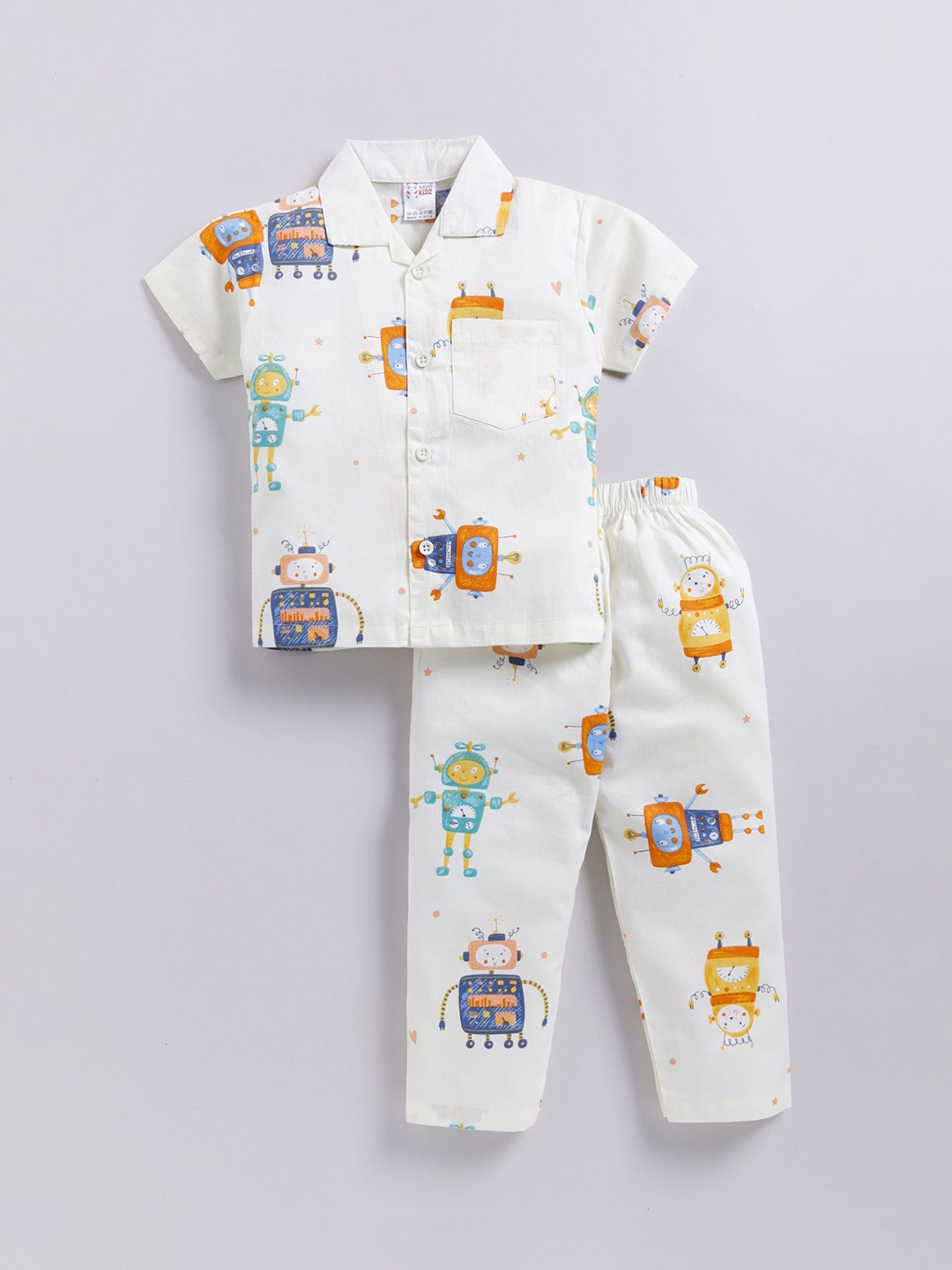 

NAUTI KIDZ Boys Graphic Printed Pure Cotton Shirt Collar Night suit, Off white