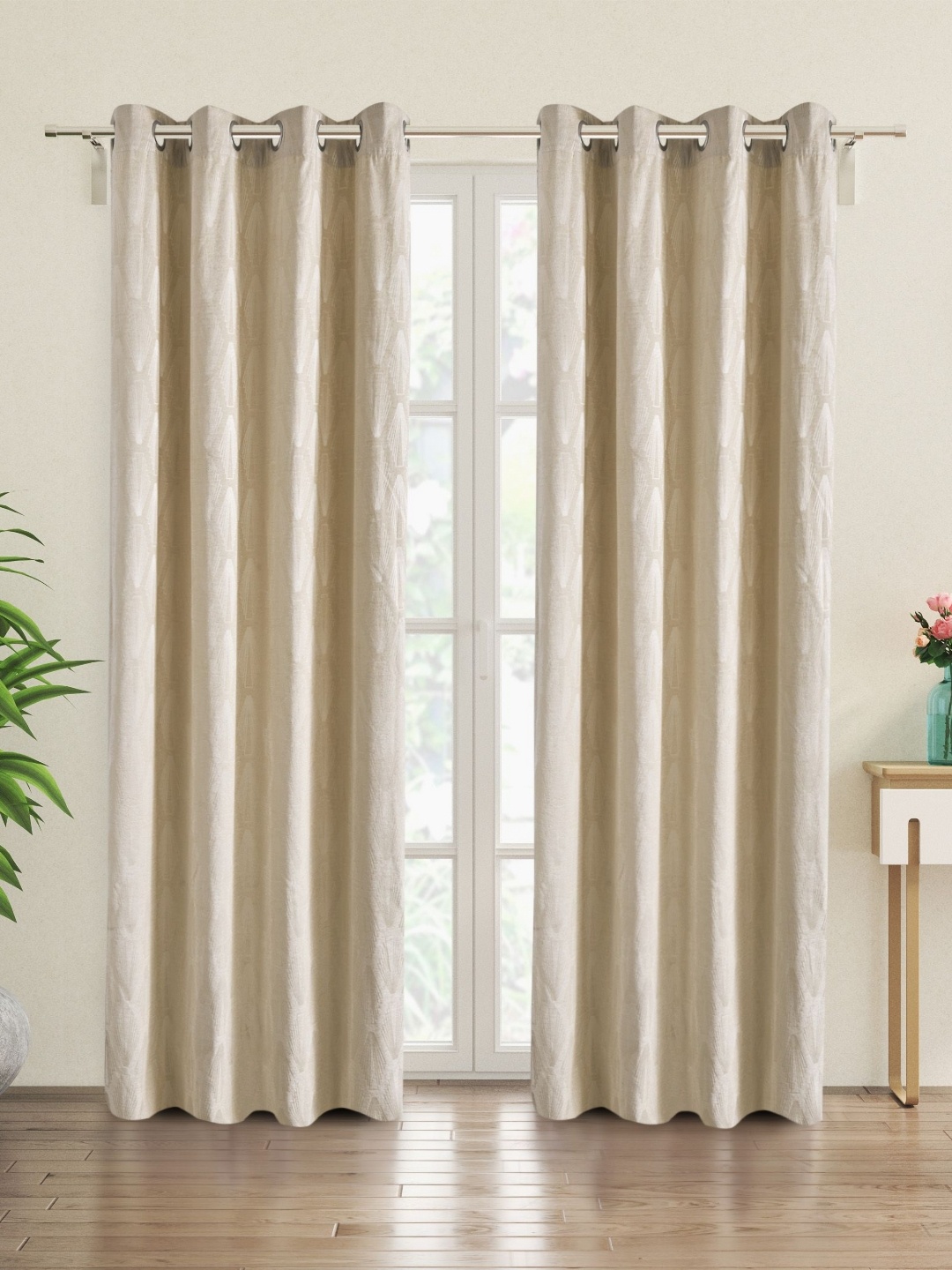 

Home Centre Calamus Beige & White 2 Pieces Geometric Room Darkening Door Curtains