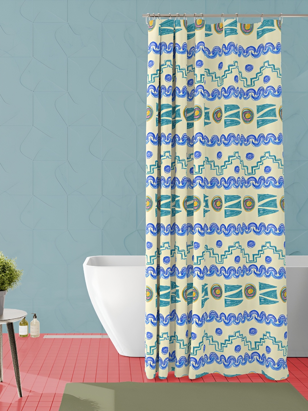 

ArtzFolio Cream-Coloured & Blue Printed Waterproof Shower Curtain