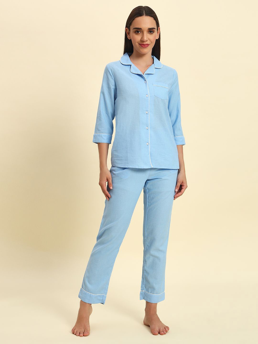 

HERE&NOW Women Pure Cotton Lapel Collar Night suit, Blue