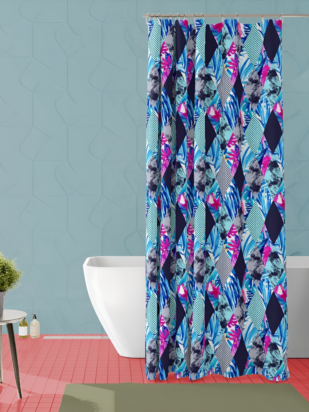 

ArtzFolio Blue & Pink Floral Printed Waterproof Shower Curtain