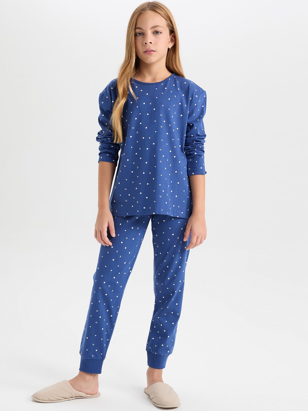 

DeFacto Girls Pure Cotton Printed Night Suits, Blue