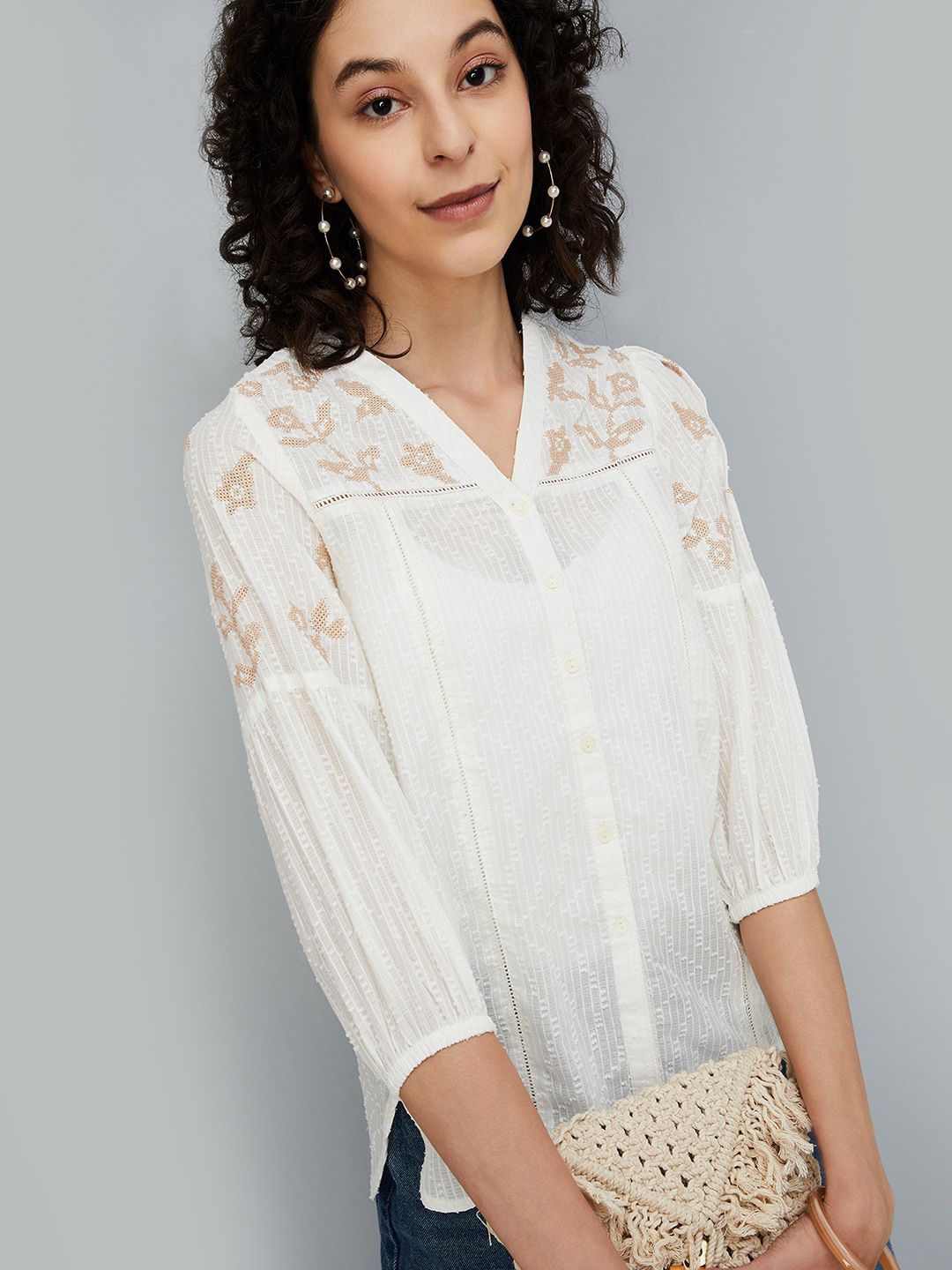 

max Women Embroidered Cotton V-Neck Three-Quarter Sleeves Tunic, Off white