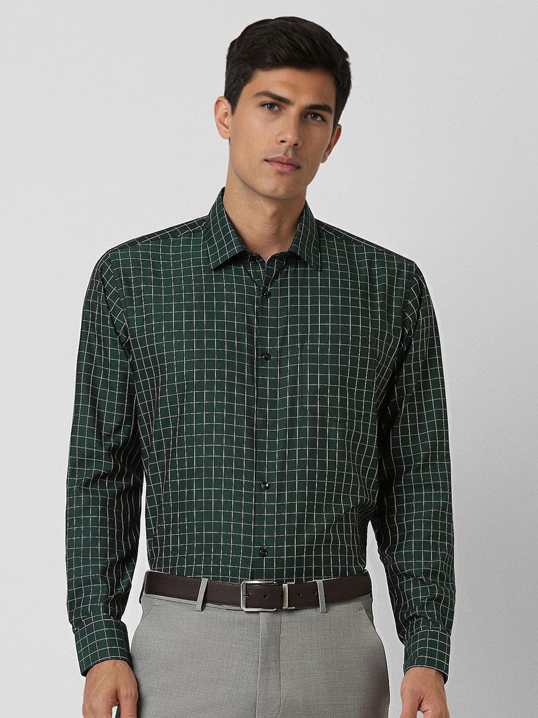 

Van Heusen Men Spread Collar Grid Tattersall Checked Cotton Slim Fit Formal Shirt, Green