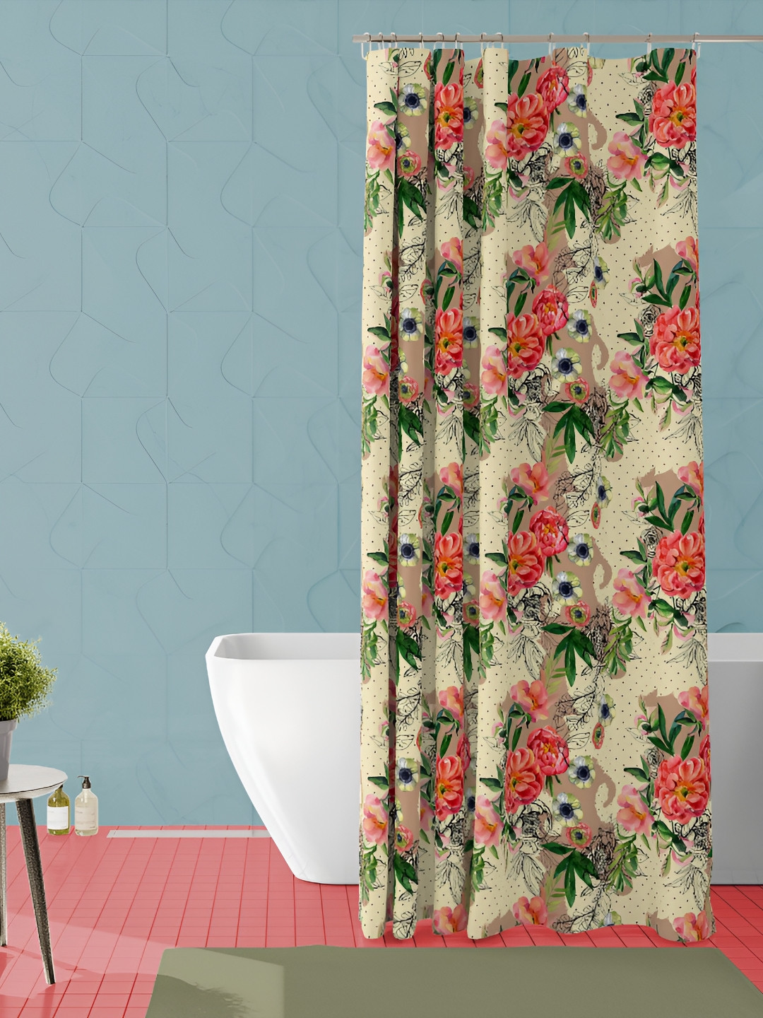 

ArtzFolio Bleige & Green Floral Printed Waterproof Shower Curtain, Beige