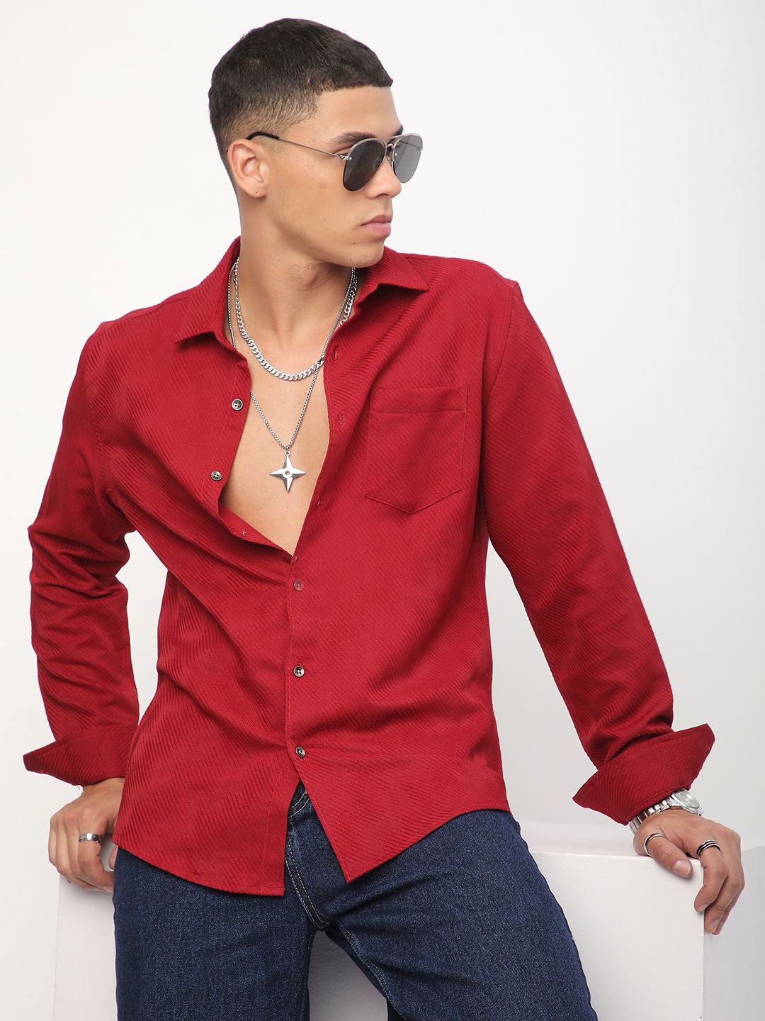 

VASTRADO Men Classic Spread Collar Textured Slim Fit Casual Shirt, Red