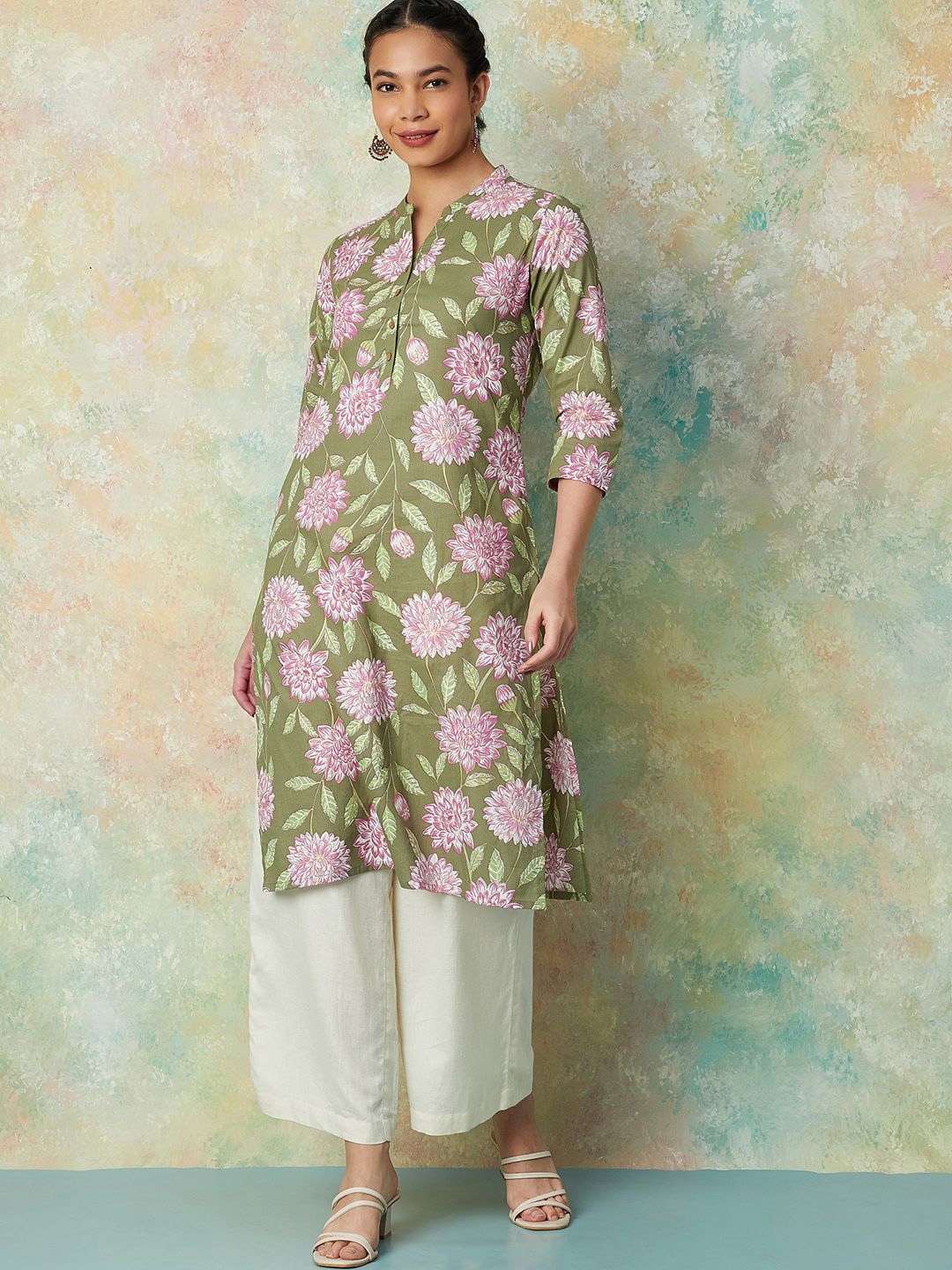 

Melange by Lifestyle Mandarin Collar Floral Printed Straight Cotton Kurta, Green