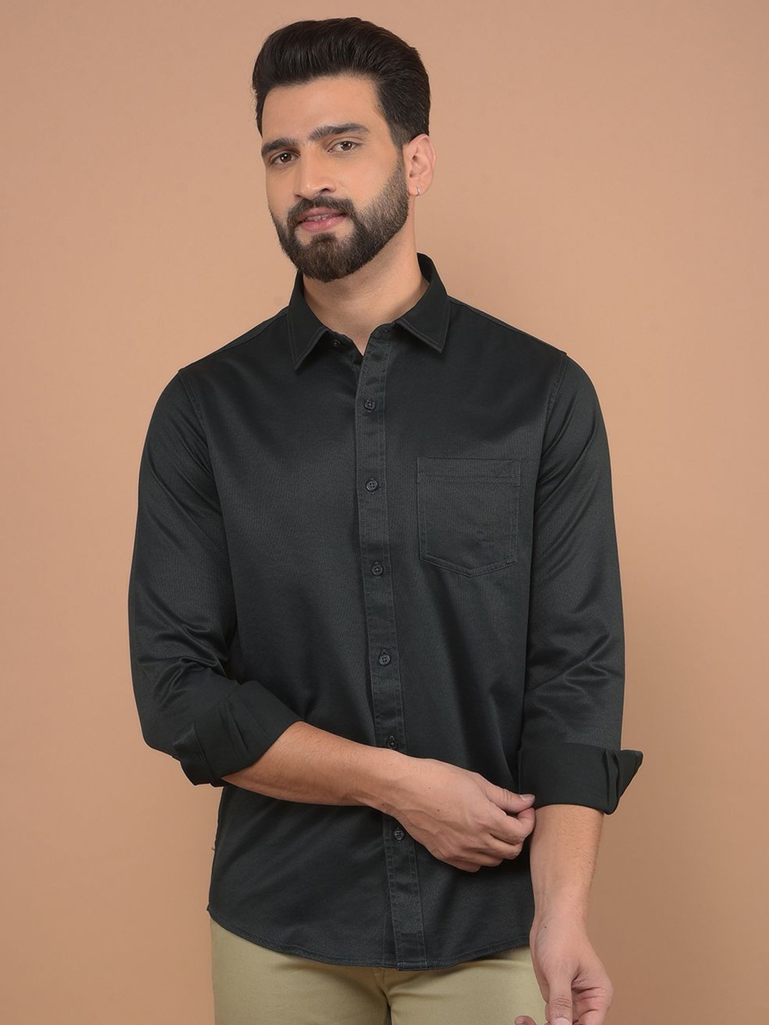 

Canary London Men Smart Spread Collar Solid Slim Fit Casual Shirt, Olive