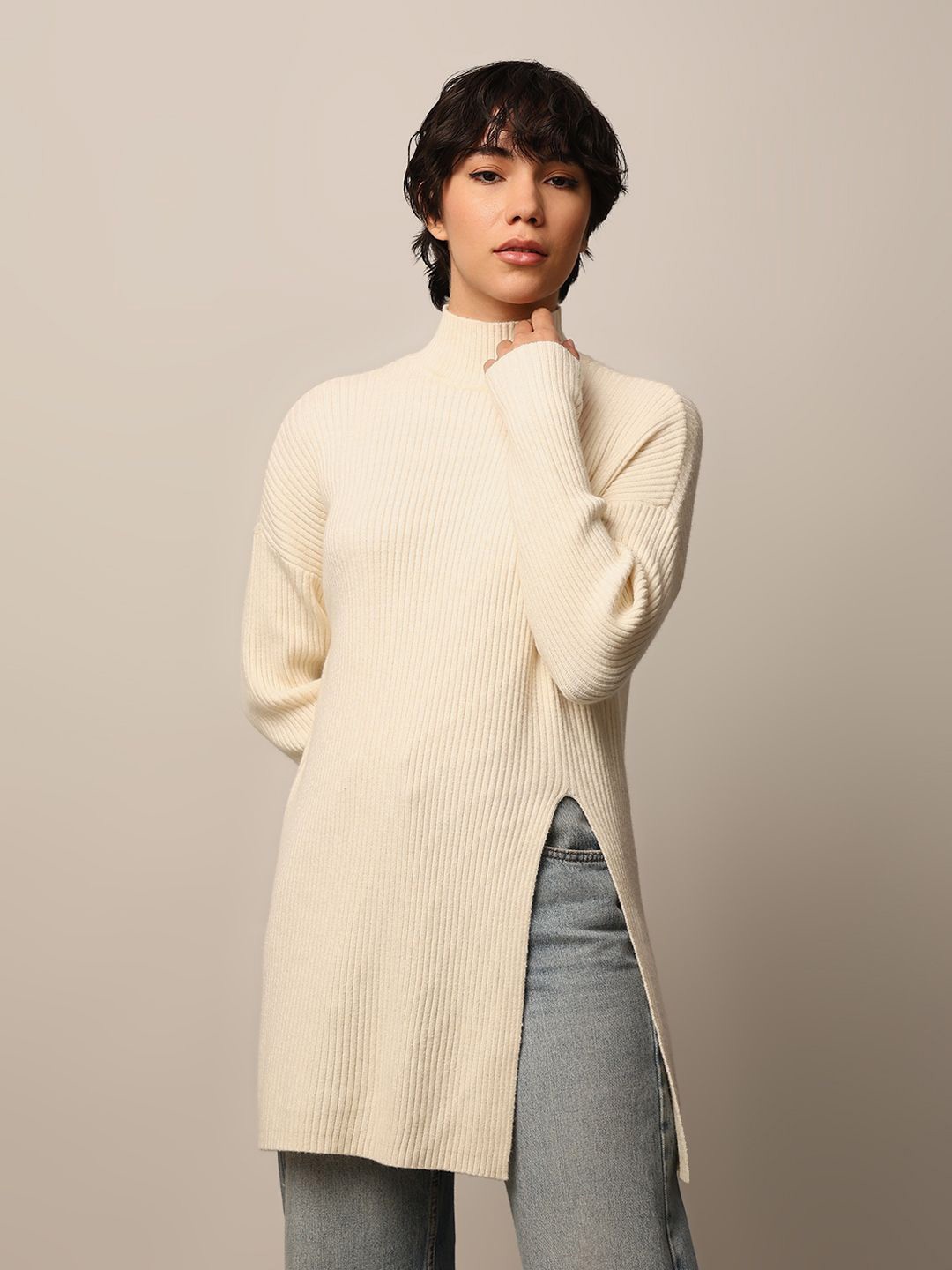 

ONLY Women Long Sleeves Ribbed Longline Pullover, Cream