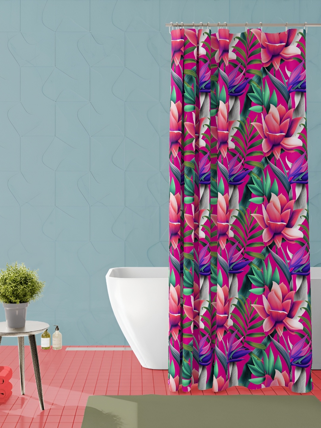 

ArtzFolio Pink & Blue Floral Printed Waterproof Shower Curtain