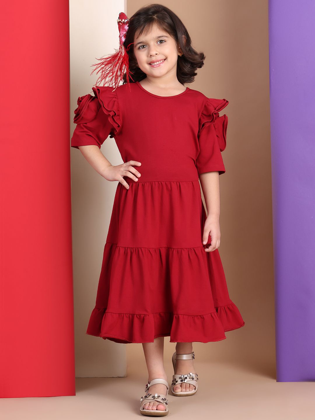 

Baawri Girls Floral Applique A-Line Midi Dress, Red