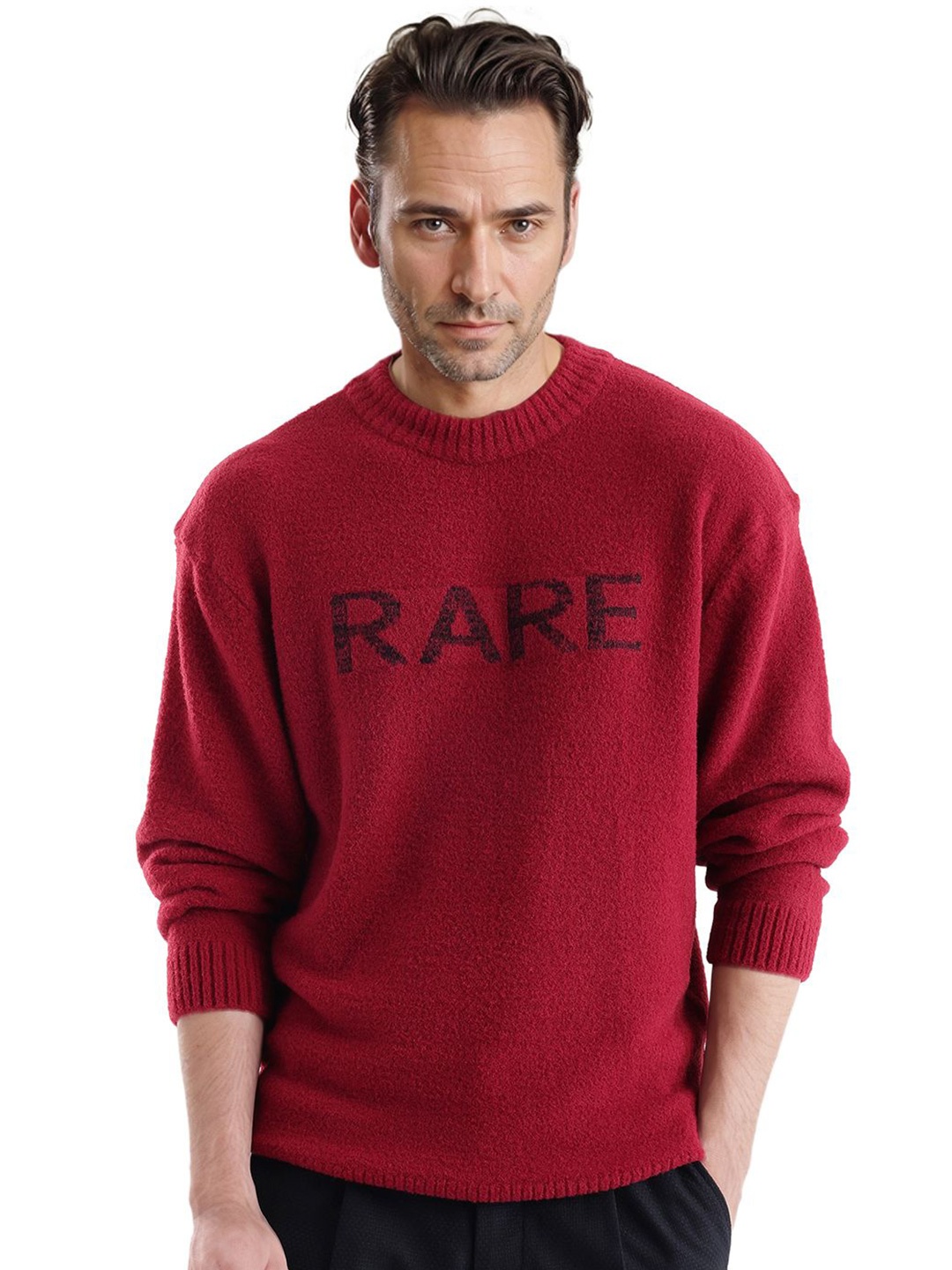 

RARE RABBIT Men Typography Printed Cotton Pullover Sweater, Red