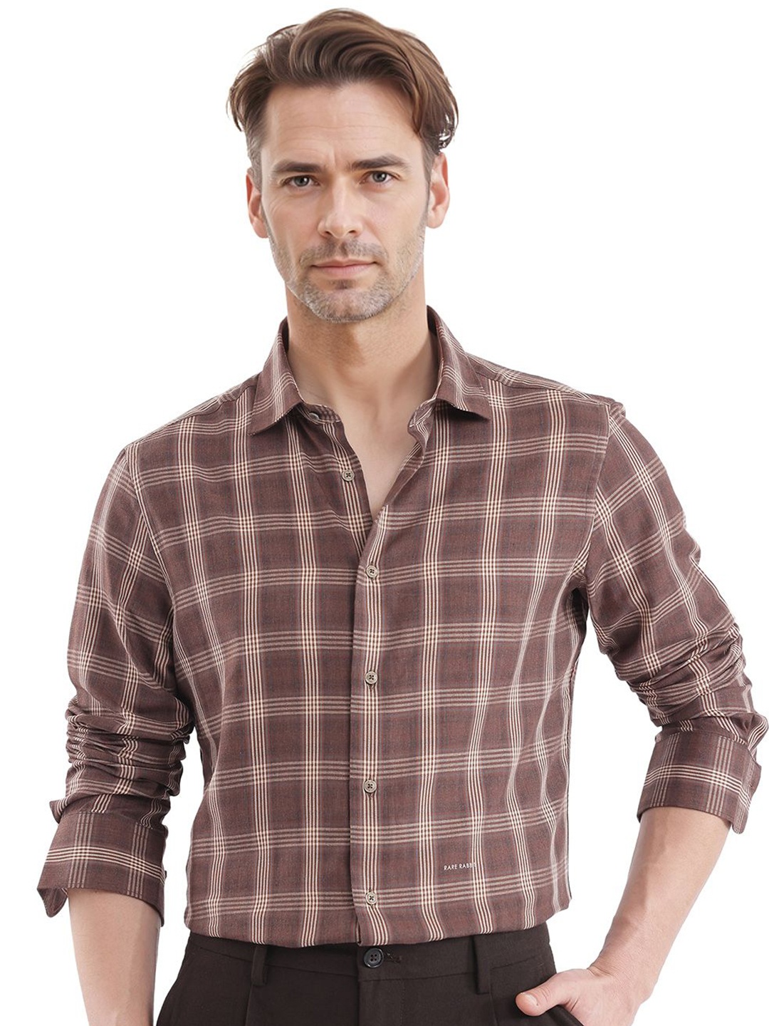 

RARE RABBIT Men Comfort Opaque Checked Casual Shirt, Brown