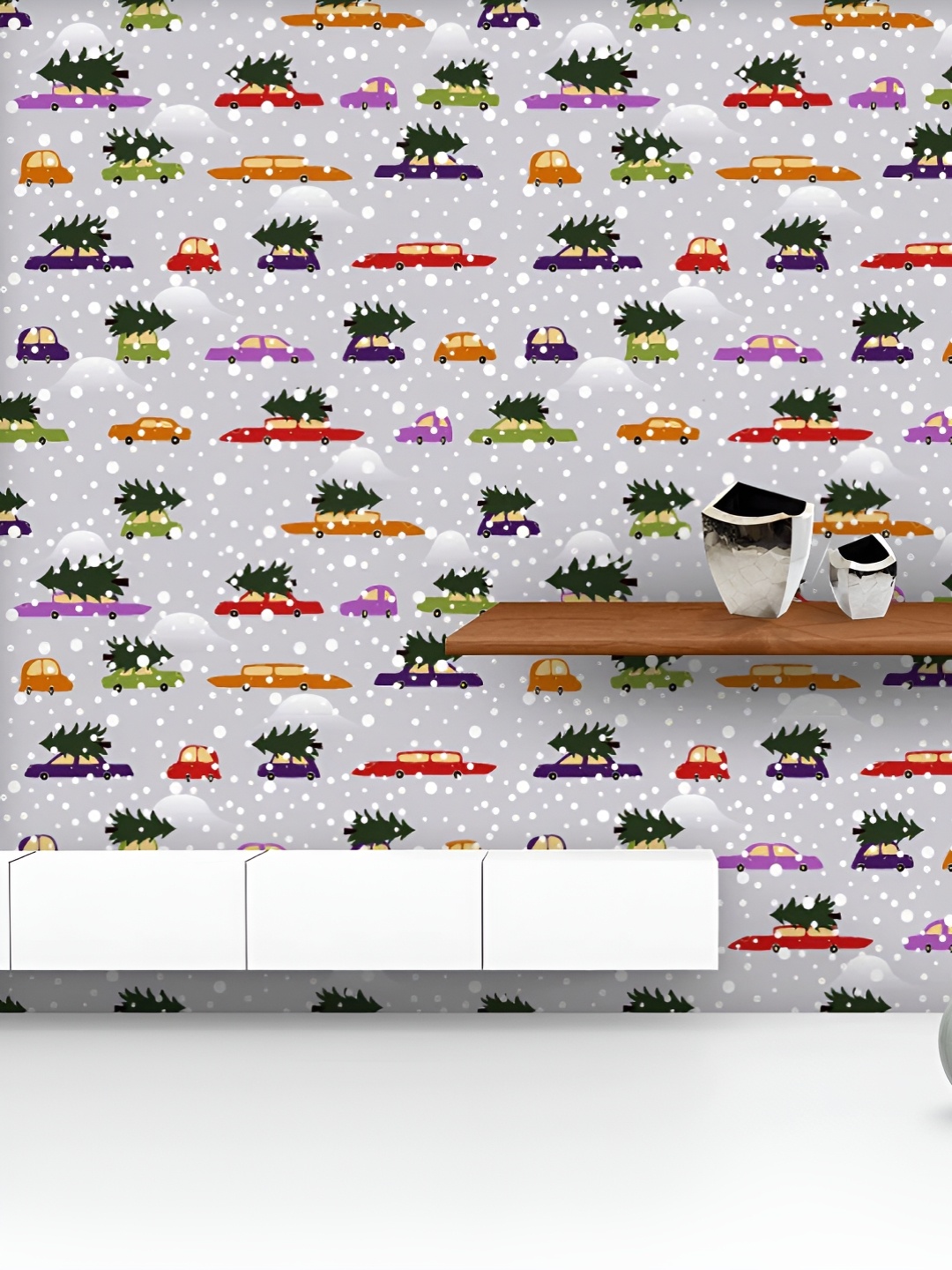 

ArtzFolio Printed UV-Resistant Anti-Bacterial Colorful Cars Delivering Christmas Trees Peel & Stick Wallpaper, Multi