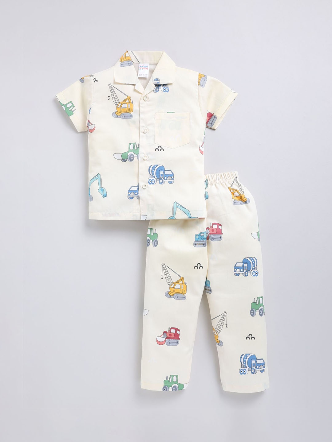 

NAUTI KIDZ Boys Printed Shirt Collar Pure Cotton Night Suit, Off white
