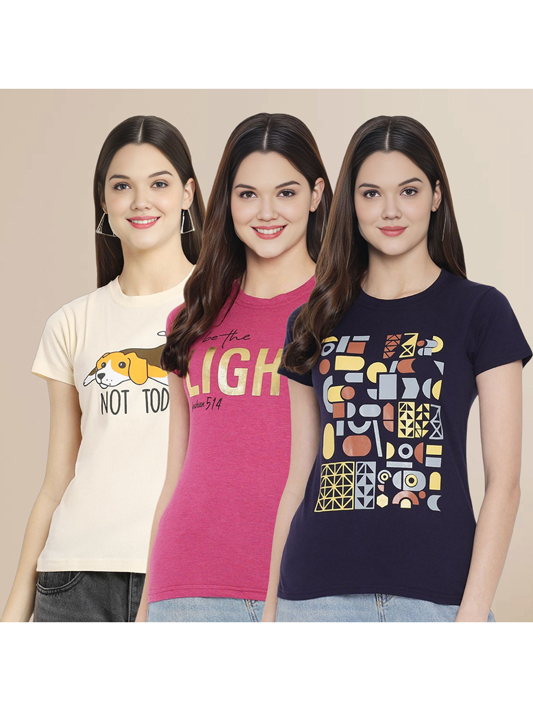 

Metronaut Women Pack Of 3 Typography Printed Round Neck Cotton T-shirts, Cream