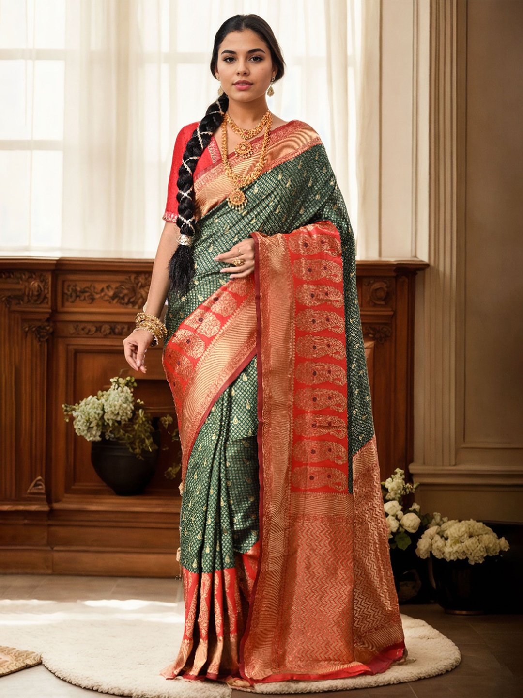 

Anouk Woven Design Designer Traditional Kanjeevaram Saree, Green