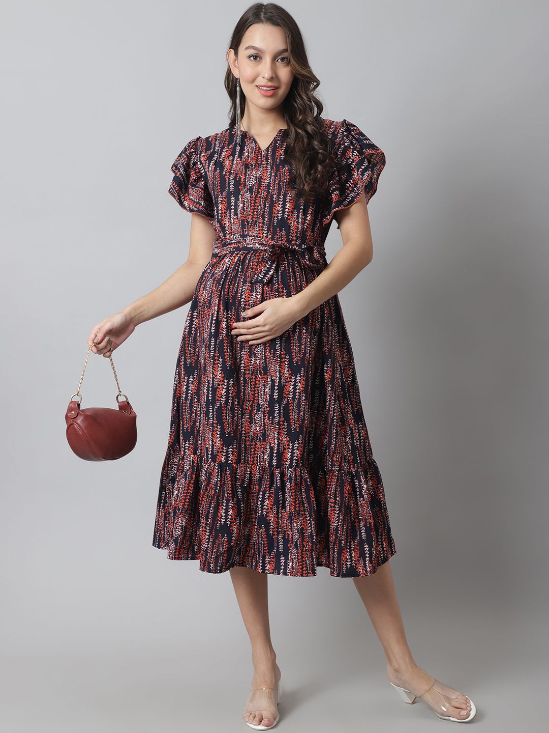

Moms Maternity Floral Print Flutter Sleeve Maternity Fit & Flare Midi Dress, Navy blue
