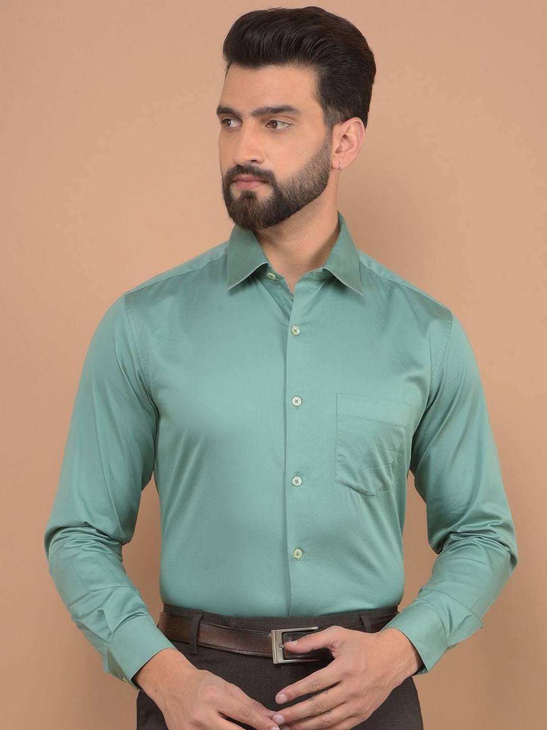 

Canary London Men Smart Spread Collar Solid Satin Slim Fit Formal Shirt, Green