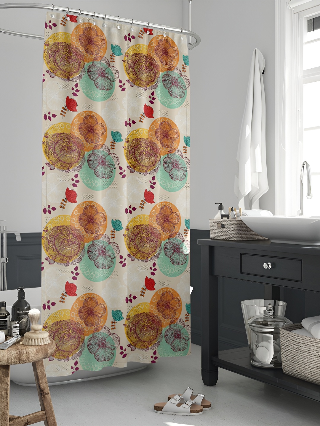 

ArtzFolio Beige, Orange & Green Printed Waterproof Shower Curtain