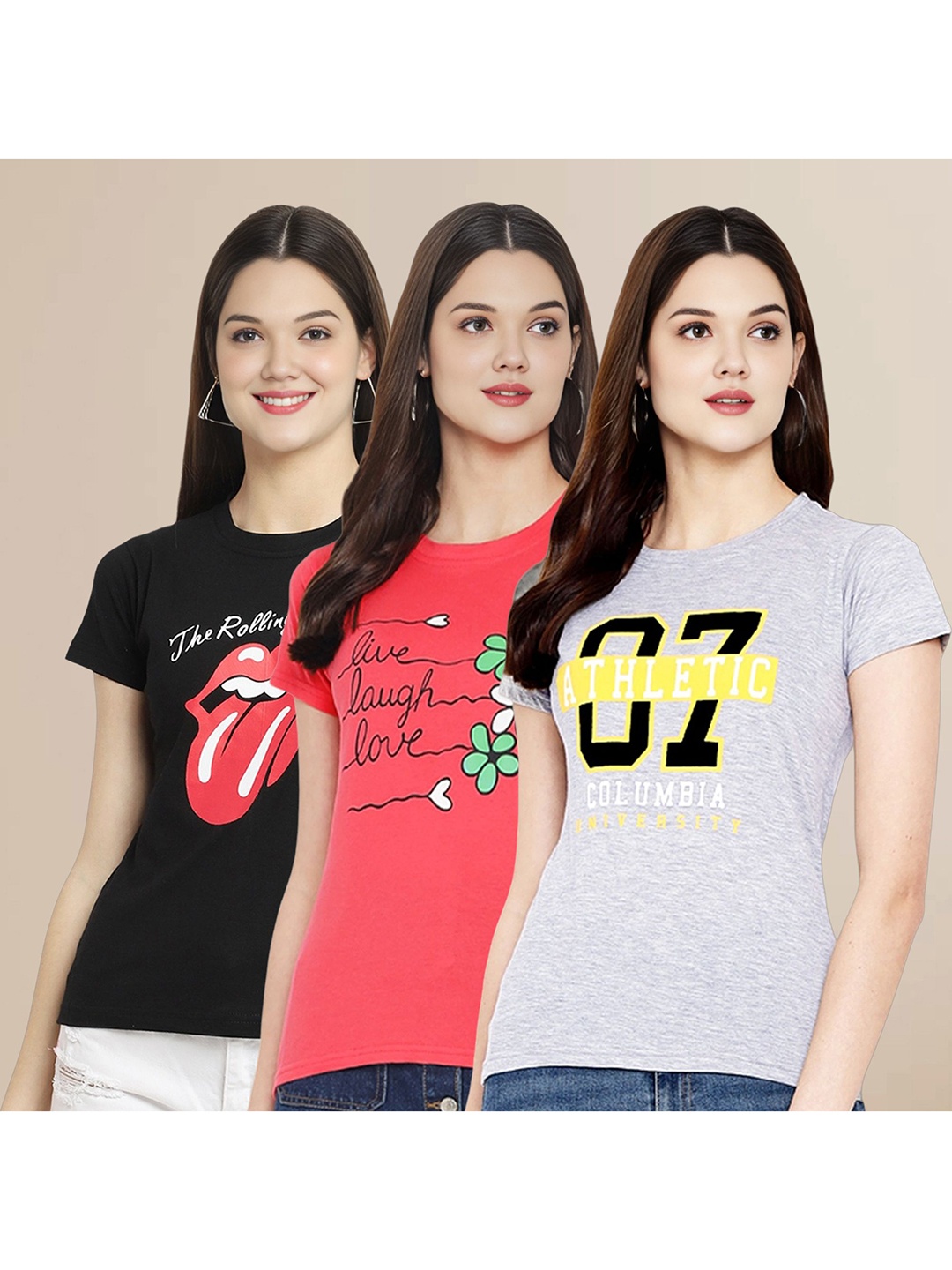 

Metronaut Women Pack Of 3 Typography Printed Round Neck Cotton T-shirts, Black