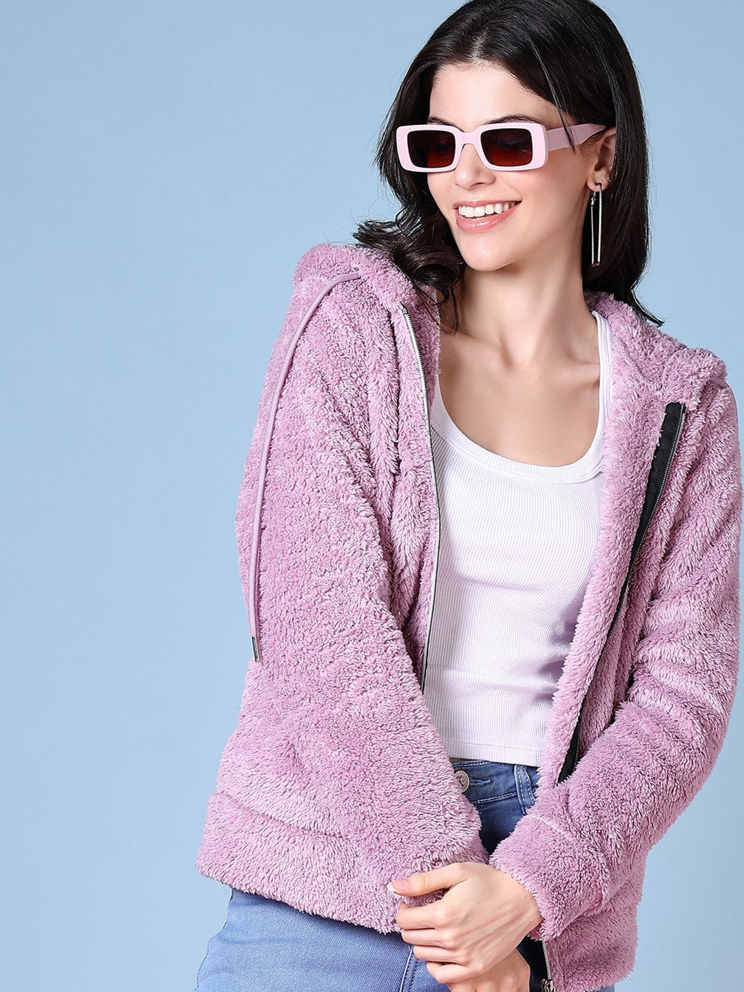 

V-Mart Women Cotton Self Design Hooded Sweatshirt, Lavender