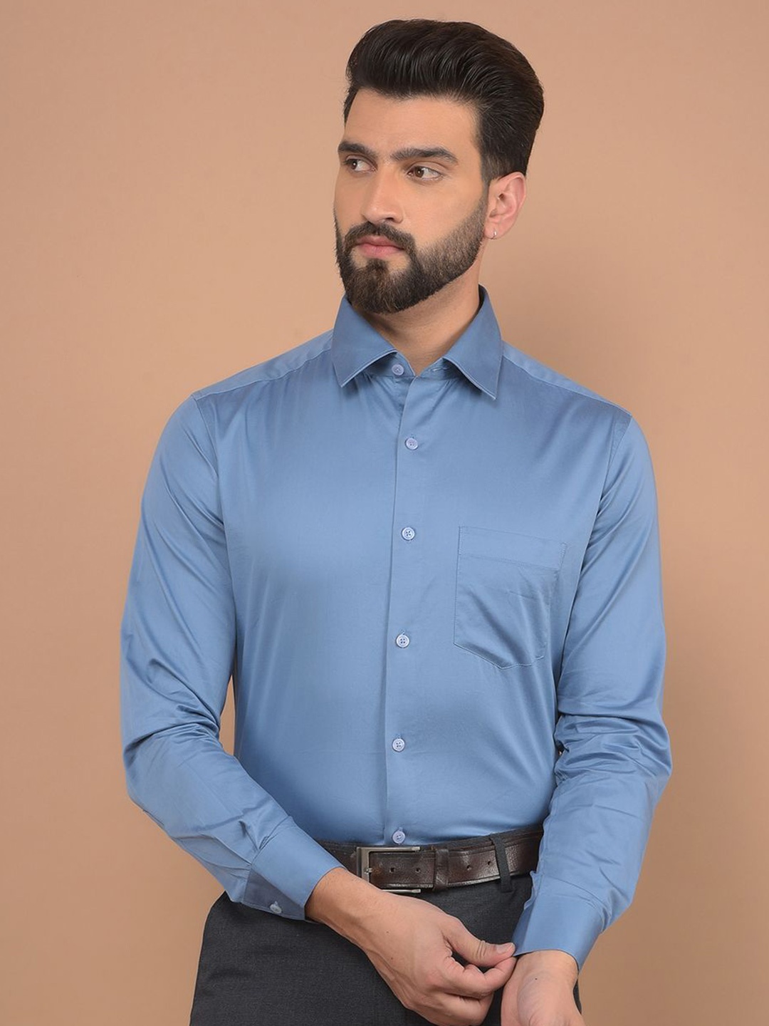

Canary London Men Smart Spread Collar Solid Satin Slim Fit Formal Shirt, Blue