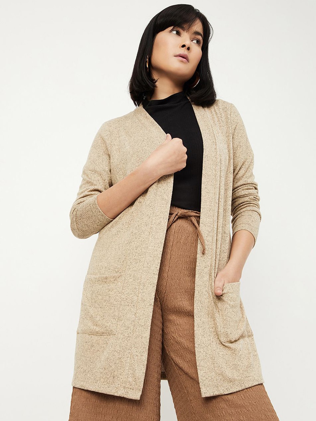 

max Open Front Longline Shrug, Beige