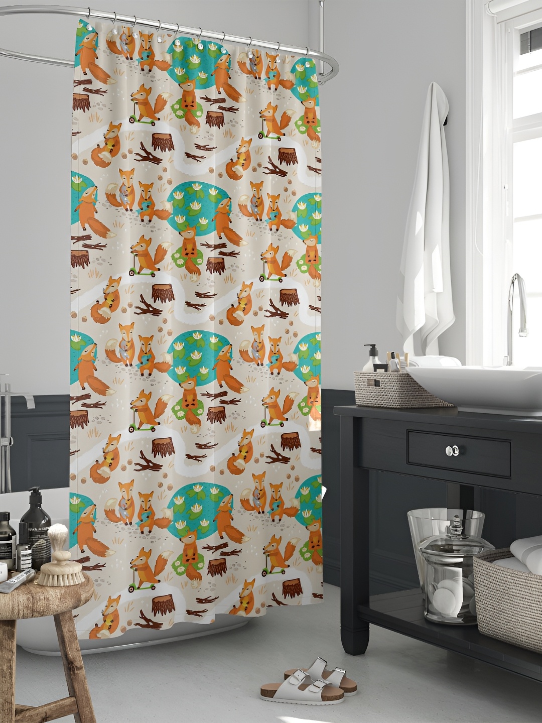 

ArtzFolio Orange-Colored & Off White Printed Waterproof Shower Curtain