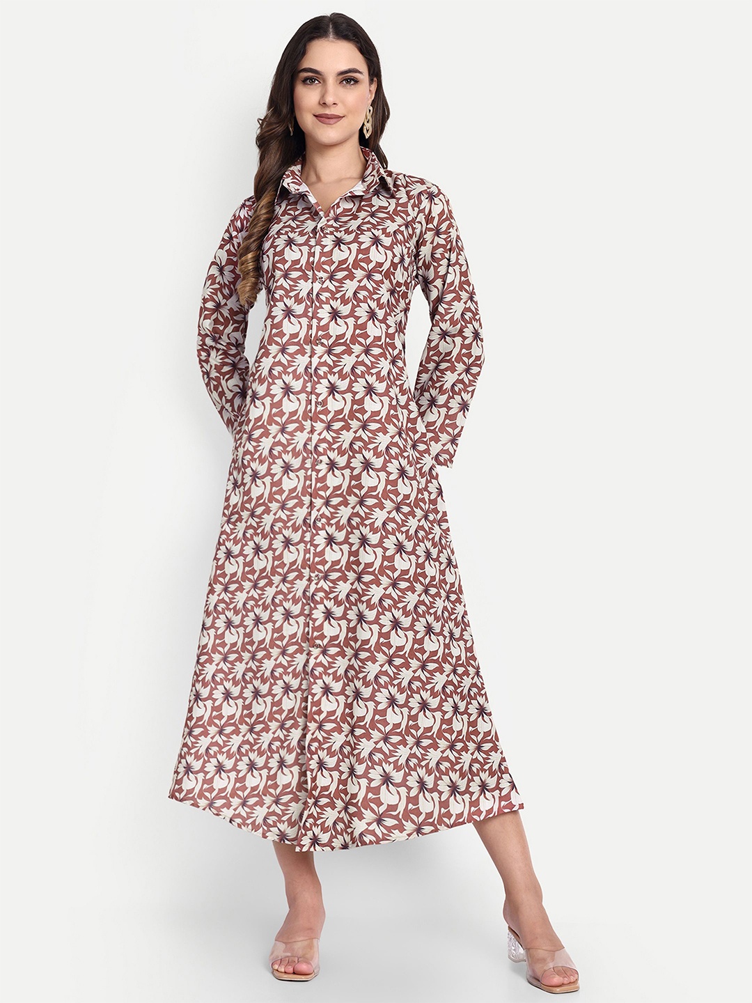 

TILISM Women Cotton Floral Printed Shirt Collar Midi Dress, Brown