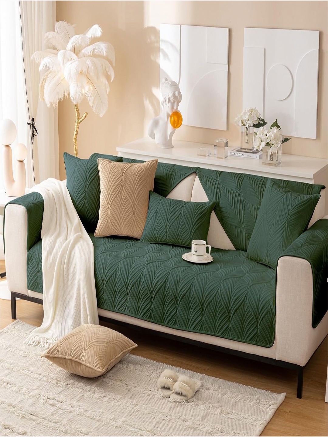 

HOUSE OF QUIRK Velvet Plush Palm Leaves Quilted Anti-Slip Stretch Seat Pad One Seater, Green
