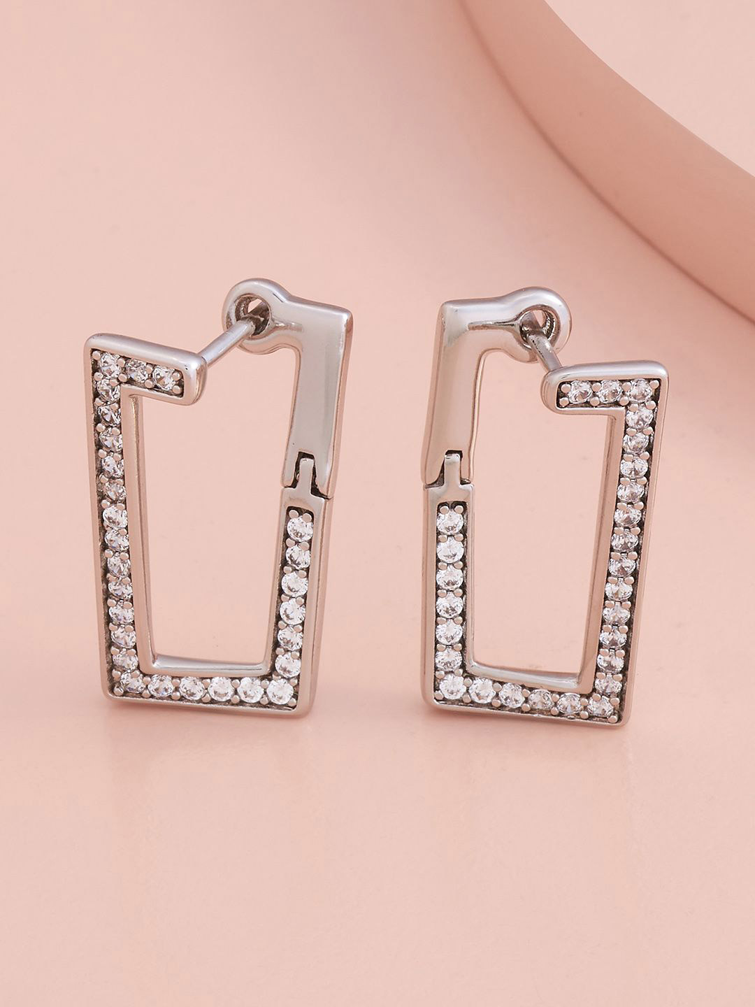 

Kushal's Fashion Jewellery Rhodium-Plated Zircon Geometric Hoop Earrings, Silver